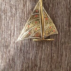 Elegant Gold and Red Sailboat Brooch